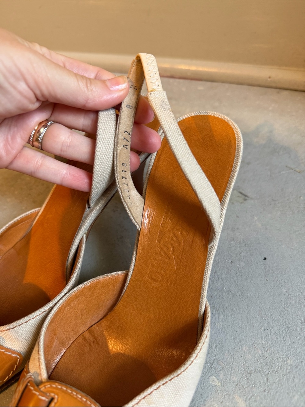 Salvatore Ferragamo Beige Canvas Slingback Pumps with Tan Trim - Picture 7 of 7